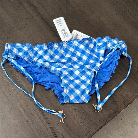 Seafolly US 10 Hipster Tie Side Ciao Bella Check Azure Blue White Gingham Bikini - Picture 3 of 10